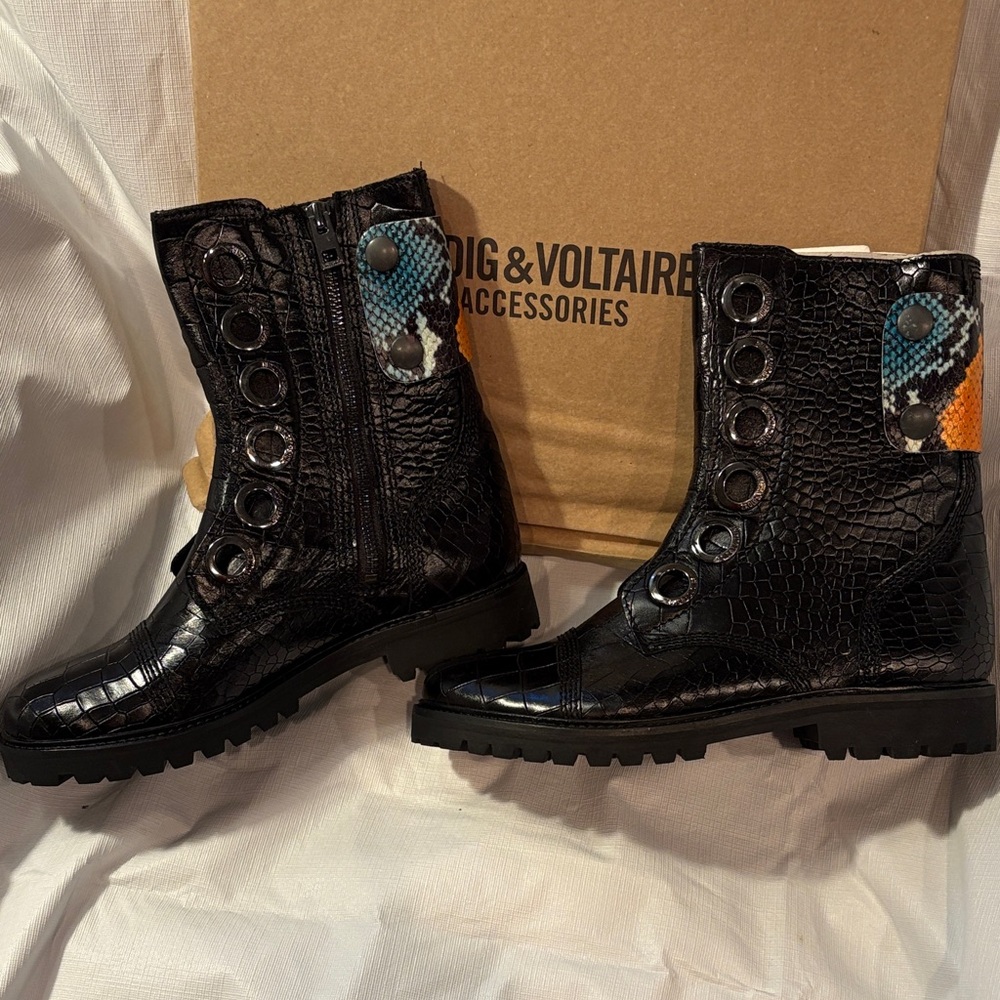 Zadig & Voltaire Black Croc-Embossed Combat Boots